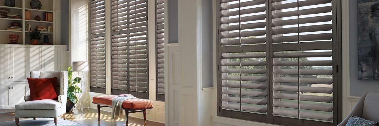 Hunter Douglas NewStyle® Hybrid Shutters, Brown Shutters, Interior Shutters, Modern Neutral Colors near Peoria, Illinois (IL).