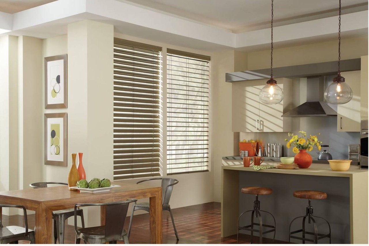 Hunter Douglas Modern Precious Metals® Mini Blinds in a Kitchen and Dining Area
