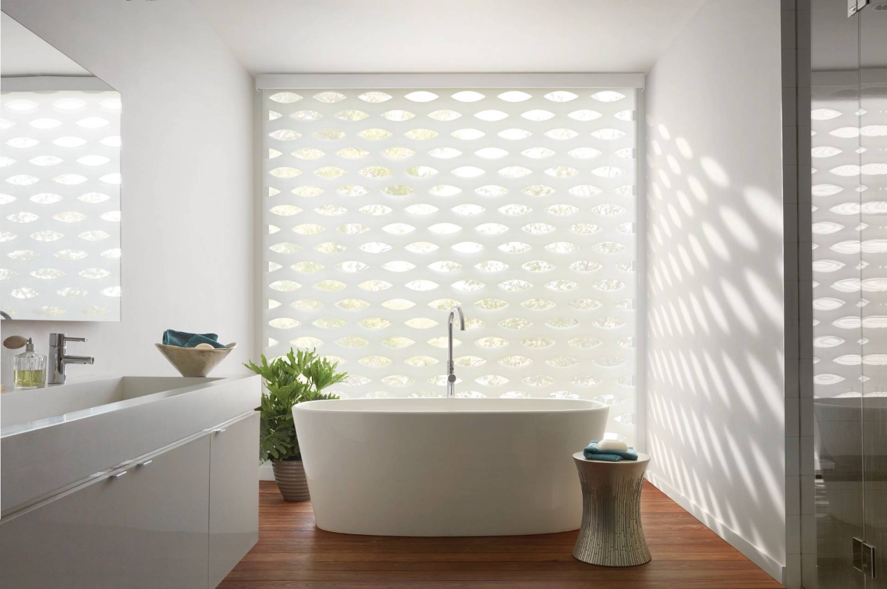 Bathroom Window Coverings, Shades in the Bathroom, Hunter Douglas Designer Banded Shades near Peoria, Illinois (IL)