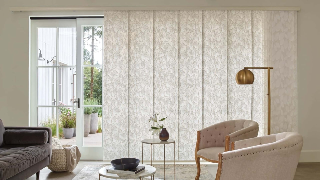 Hunter Douglas Skyline® Panel-Track Blinds installed on sliding glass doors