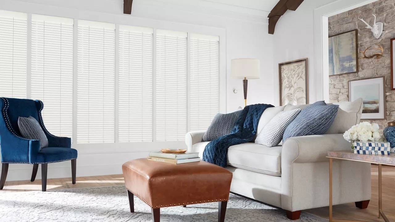 Hunter Douglas Parkland® Wood Blinds as an alternative to interior shades in a Peoria, IL, living room