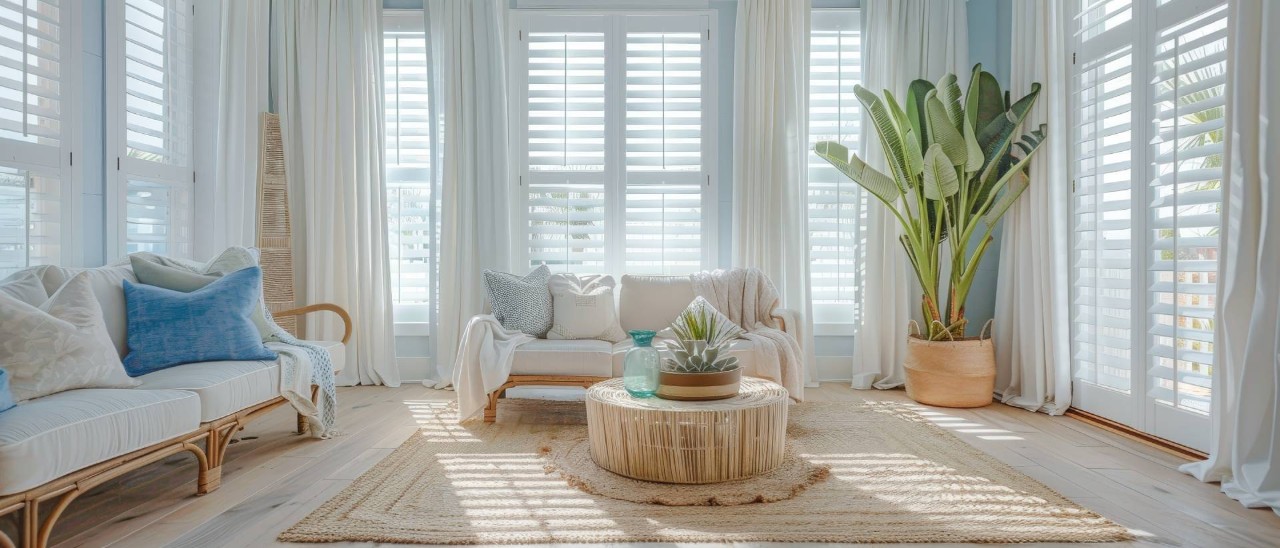 A coastal living room featuring plantation shutters and drapes near Peoria, IL.
